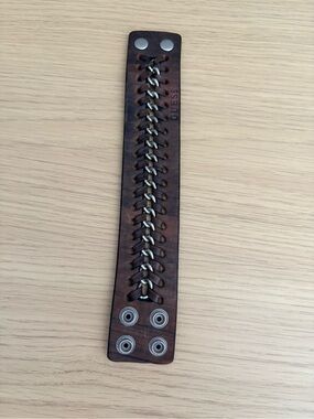Guess Brown Leather Cuff with Silver Chain Lace